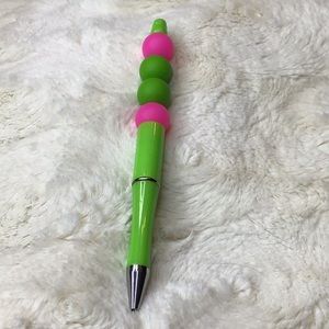 Handcrafted beaded pen. Hot pink/light green.  Made with bpa free silicone